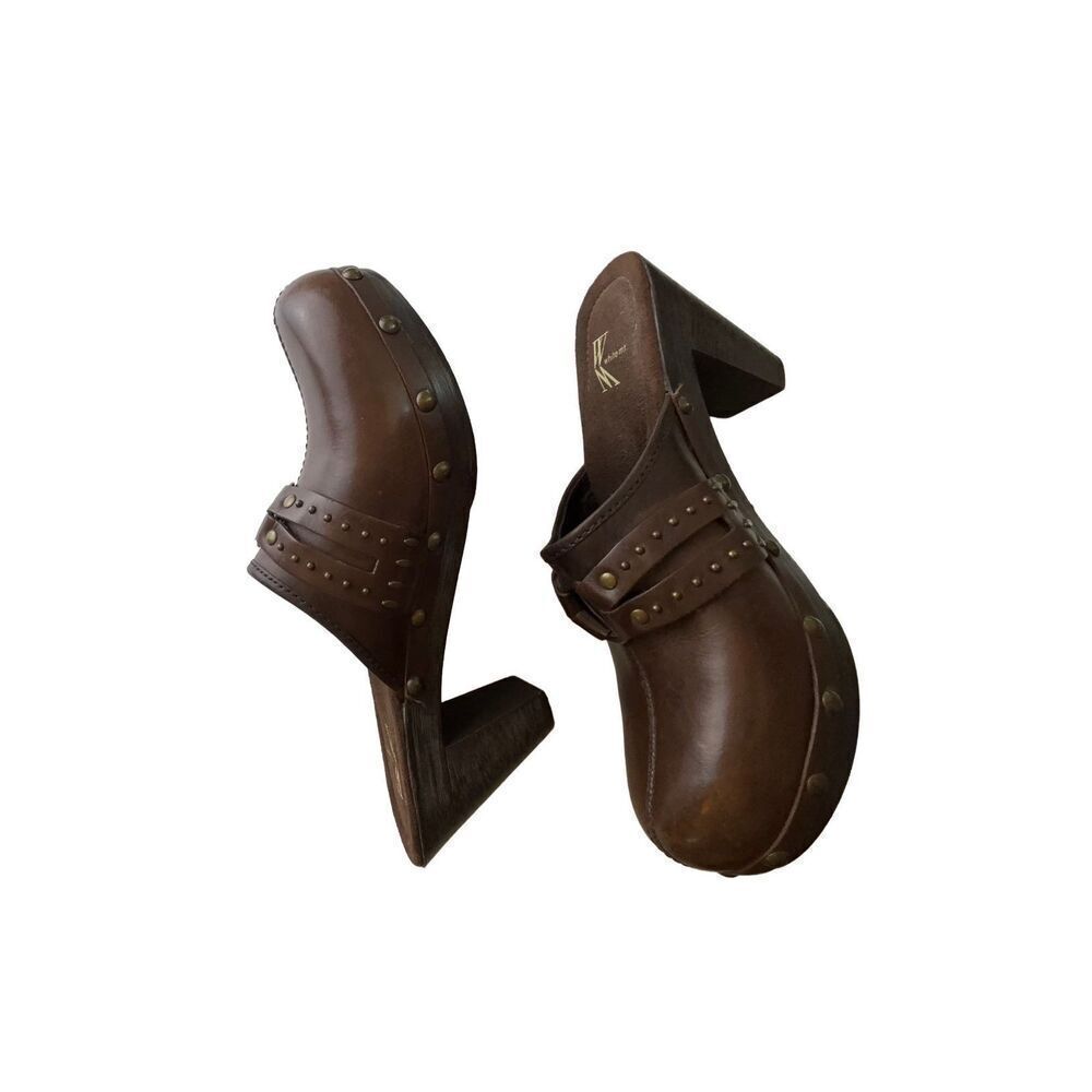 White Mountain Brown Leather Studded Clog Heels size 7